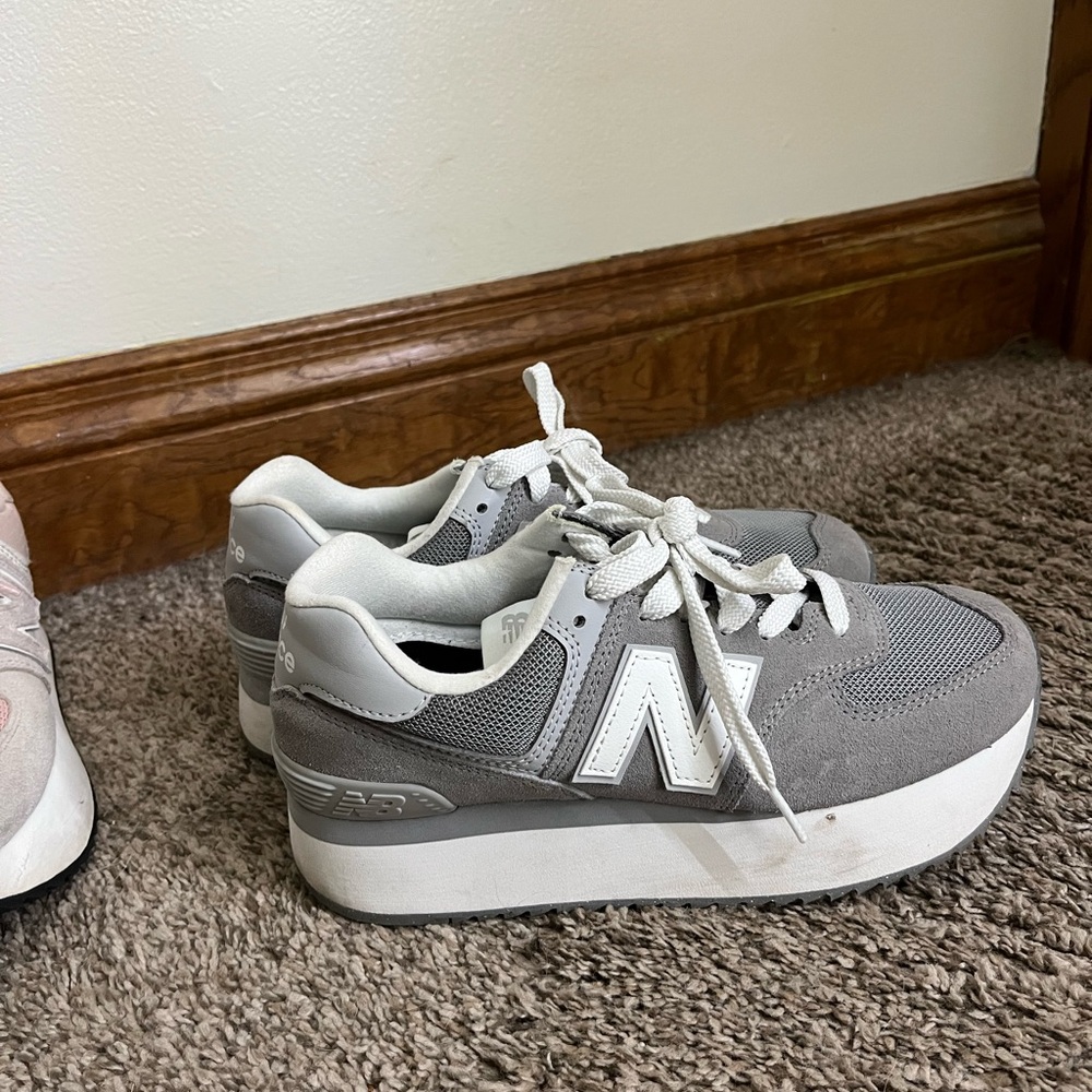 New Balance Gray and White Platform Sneakers